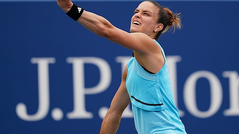 Aug 28, 2023; Flushing, NY, USA;   Maria Sakkari of Greece in action against Rebeka Masarova of Spain on day one of the 2023 U.S. Open tennis tournament at the USTA Billie Jean King National Tennis Center. Mandatory Credit: Jerry Lai-USA TODAY Sports
