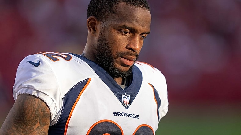 August 19, 2023; Santa Clara, California, USA; Denver Broncos safety Kareem Jackson (22) during halftime against the San Francisco 49ers at Levi's Stadium. Mandatory Credit: Kyle Terada-USA TODAY Sports