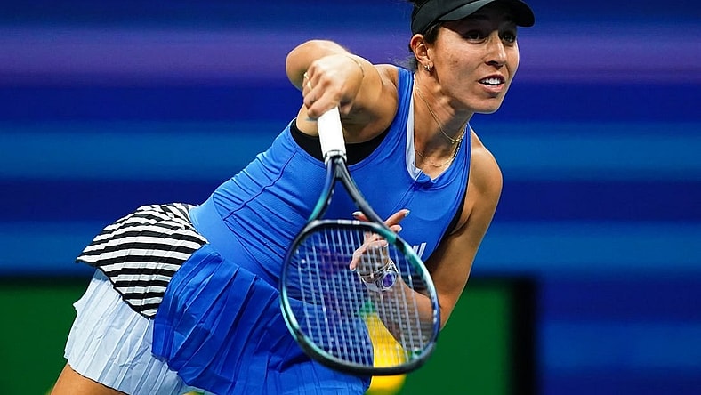 Aug 31, 2023; Flushing, NY, USA;   Jessica Pegula of the United States serves against Patricia Maria Tig of Romania on day four of the 2023 U.S. Open tennis tournament at the USTA Billie Jean King National Tennis Center. Mandatory Credit: Jerry Lai-USA TODAY Sports