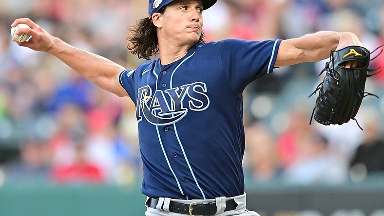 Sep 1, 2023; Cleveland, Ohio, USA; Tampa Bay Rays starting pitcher Tyler Glasnow (20) throws a pitch during the first inning against the Cleveland Guardians at Progressive Field. Mandatory Credit: Ken Blaze-USA TODAY Sports