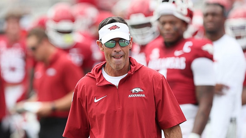 Sep 2, 2023; Little Rock, Arkansas, USA; Arkansas Razorbacks offensive coordinator and quarterbacks coach Dan Enos prior to the game against the Western Carolina Catamounts at War Memorial Stadium. Arkansas won 56-13. Mandatory Credit: Nelson Chenault-USA TODAY Sports