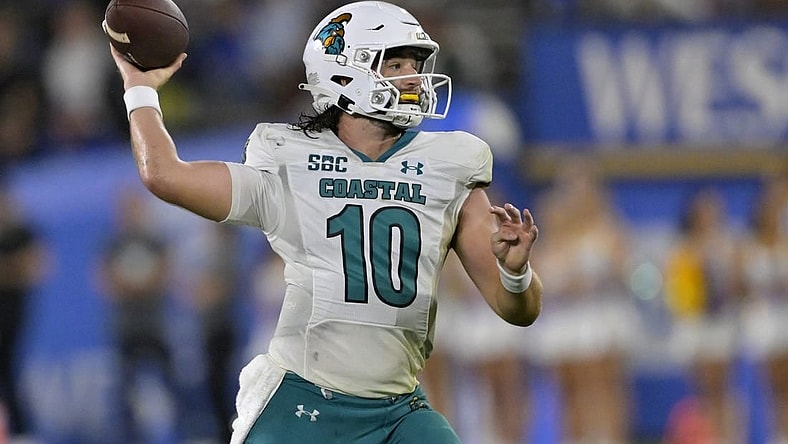 Sep 2, 2023; Pasadena, California, USA;  Coastal Carolina Chanticleers quarterback Grayson McCall (10) sets to throw a pass in the second half against the UCLA Bruins at Rose Bowl. Mandatory Credit: Jayne Kamin-Oncea-USA TODAY Sports