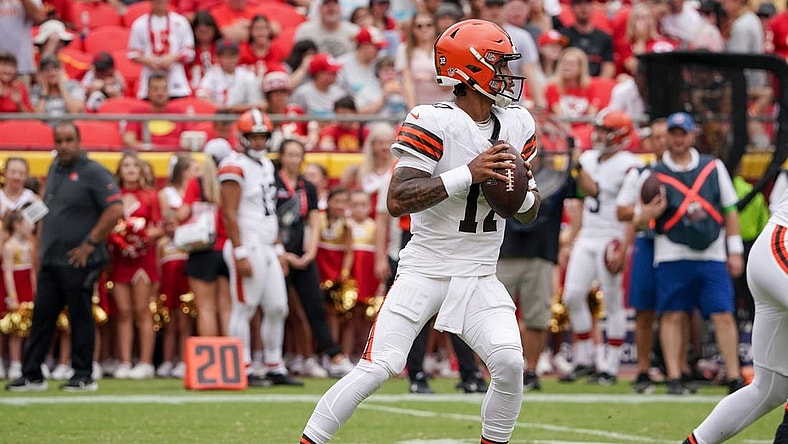 Aug 26, 2023; Kansas City, Missouri, USA; Cleveland Browns quarterback Dorian Thompson-Robinson (17) against the Kansas City Chiefs during the game at GEHA Field at Arrowhead Stadium. Mandatory Credit: Denny Medley-USA TODAY Sports