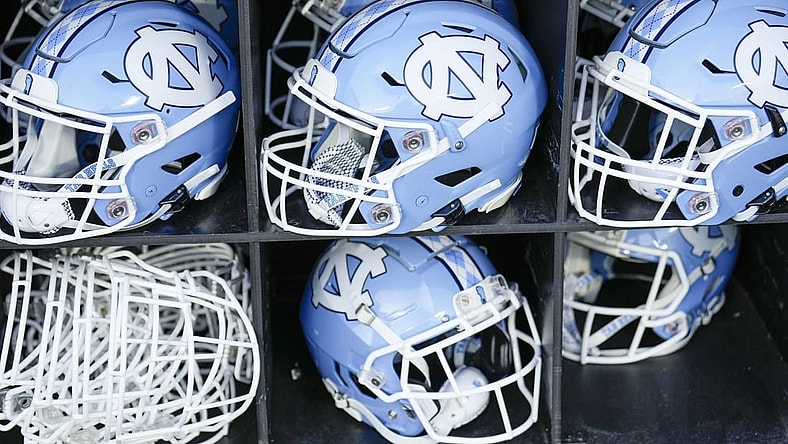 Sep 2, 2023; Charlotte, North Carolina, USA; North Carolina Tar Heels helmets during the first quarter against the South Carolina Gamecocks at Bank of America Stadium. Mandatory Credit: Jim Dedmon-USA TODAY Sports