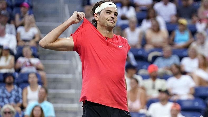 Sep 3, 2023; Flushing, NY, USA; Taylor Fritz of the United States reacts after losing a point to Dominic Stricker of Switzerland on day seven of the 2023 U.S. Open tennis tournament at USTA Billie Jean King National Tennis Center. Mandatory Credit: Danielle Parhizkaran-USA TODAY Sports