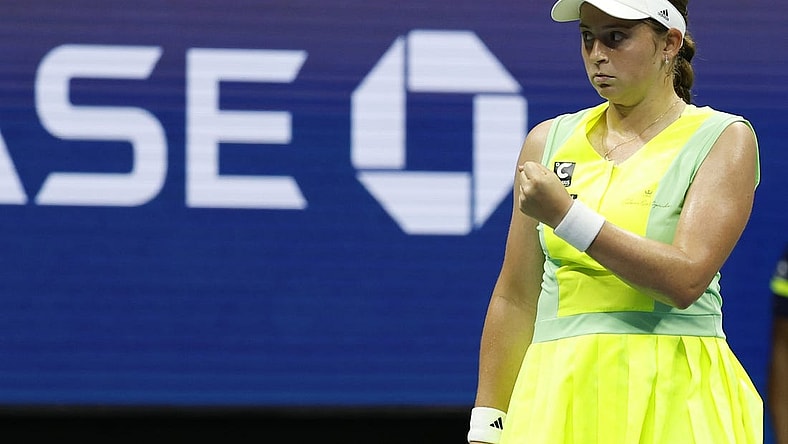 Sep 3, 2023; Flushing, NY, USA; Jelena Ostapenko of Latvia reacts after winning the second set against Iga Swiatek of Poland (not pictured) on day seven of the 2023 U.S. Open tennis tournament at USTA Billie Jean King National Tennis Center. Mandatory Credit: Geoff Burke-USA TODAY Sports