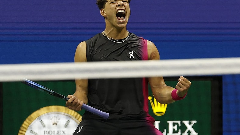 Sep 8, 2023; Flushing, NY, USA; Ben Shelton of the United States reacts after winning a point against Novak Djokovic of Serbia (not pictured) in a men's singles semifinal on day twelve of the 2023 U.S. Open tennis tournament at USTA Billie Jean King Tennis Center. Mandatory Credit: Geoff Burke-USA TODAY Sports