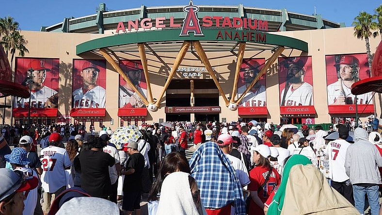 Sep 8, 2023; Anaheim, California, USA; A general overall view as fans arrive before the game between the Los Angeles Angels and the Cleveland Guardians at Angel Stadium. Mandatory Credit: Kirby Lee-USA TODAY Sports