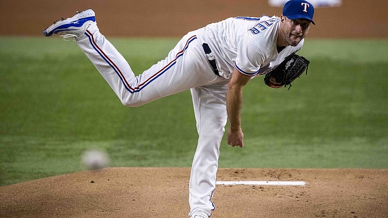 Sep 6, 2023; Arlington, Texas, USA; Texas Rangers starting pitcher Max Scherzer (31) in action during the game between the Texas Rangers and the Houston Astros at Globe Life Field. Mandatory Credit: Jerome Miron-USA TODAY Sports