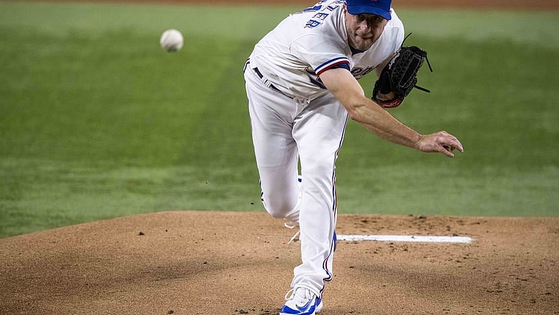 Sep 6, 2023; Arlington, Texas, USA; Texas Rangers starting pitcher Max Scherzer (31) in action during the game between the Texas Rangers and the Houston Astros at Globe Life Field. Mandatory Credit: Jerome Miron-USA TODAY Sports