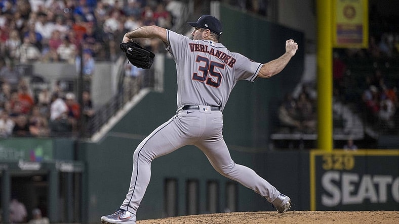 Sep 6, 2023; Arlington, Texas, USA; Houston Astros starting pitcher Justin Verlander (35) in action during the game between the Texas Rangers and the Houston Astros at Globe Life Field. Mandatory Credit: Jerome Miron-USA TODAY Sports