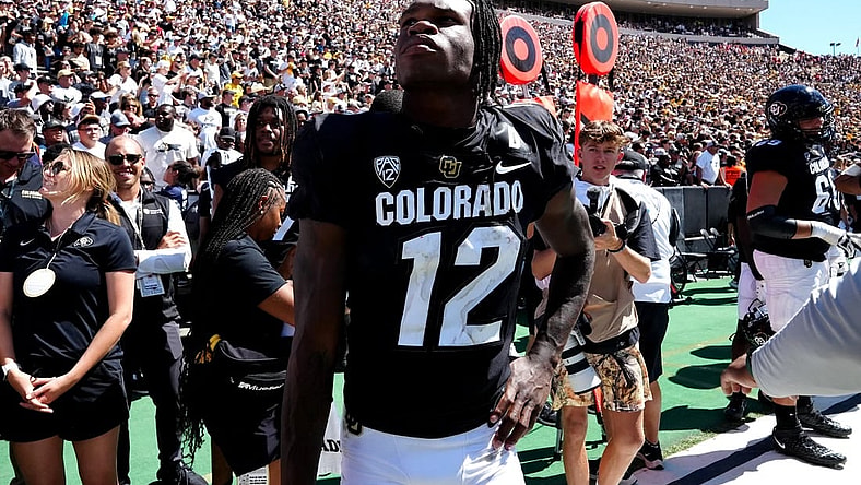 Sep 9, 2023; Boulder, Colorado, USA; Colorado Buffaloes cornerback Travis Hunter (12) following the game against the Nebraska Cornhuskers at Folsom Field. Mandatory Credit: Ron Chenoy-USA TODAY Sports