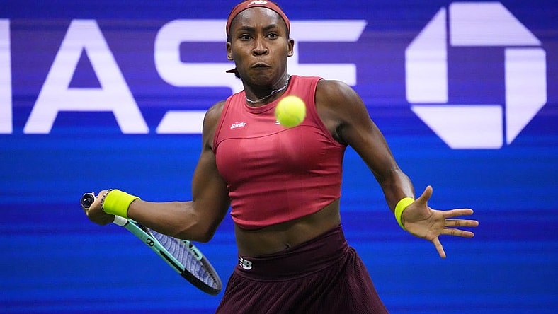 Sep 9, 2023; Flushing, NY, USA; Coco Gauff of the United States hits a forehand against Aryna Sabalenka (not pictured) in the women's singles final on day thirteen of the 2023 U.S. Open tennis tournament at USTA Billie Jean King Tennis Center. Mandatory Credit: Robert Deutsch-USA TODAY Sports