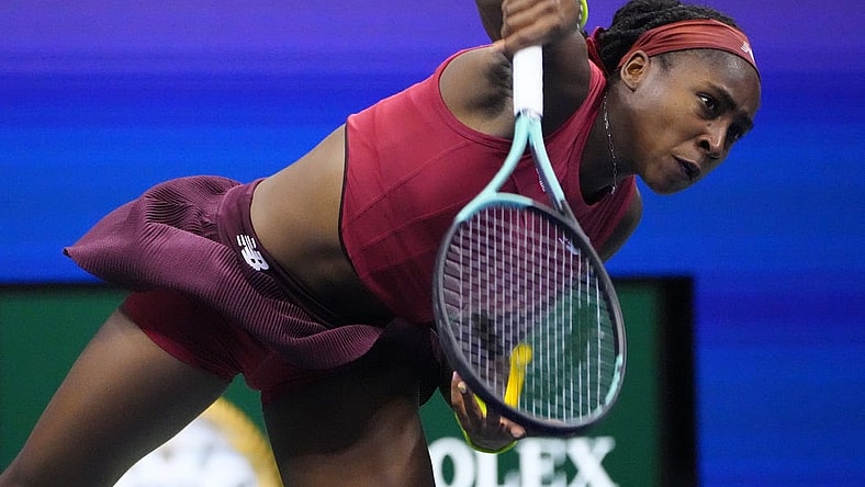 Sep 9, 2023; Flushing, NY, USA; Coco Gauff of the United States serves against Aryna Sabalenka (not pictured) in the women's singles final on day thirteen of the 2023 U.S. Open tennis tournament at USTA Billie Jean King Tennis Center. Mandatory Credit: Robert Deutsch-USA TODAY Sports