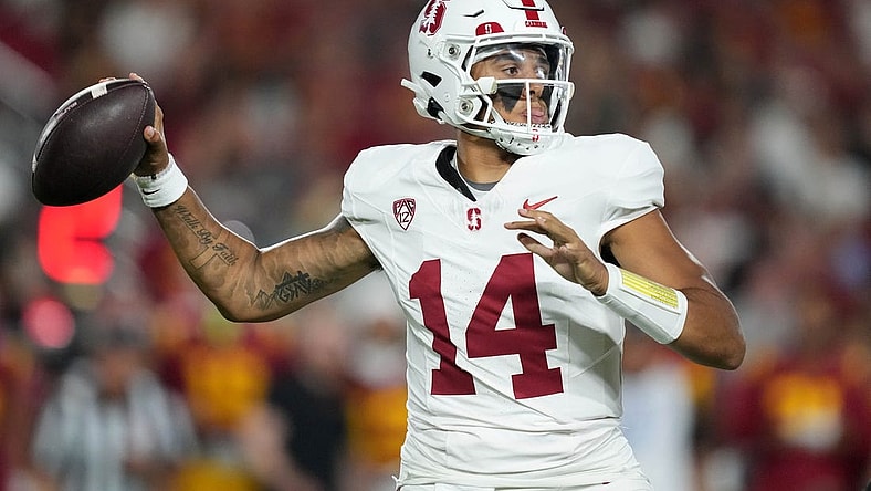 Sep 9, 2023; Los Angeles, California, USA; Stanford Cardinal quarterback Ashton Daniels (14) throws the ball against the Southern California Trojans in the first half at United Airlines Field at Los Angeles Memorial Coliseum. Mandatory Credit: Kirby Lee-USA TODAY Sports