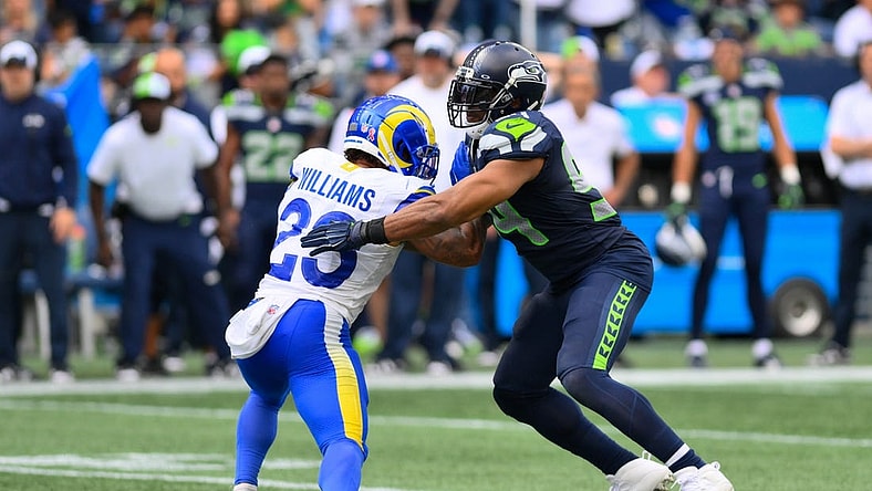 Sep 10, 2023; Seattle, Washington, USA; Los Angeles Rams running back Kyren Williams (23) blocks Seattle Seahawks linebacker Bobby Wagner (54) during the second half at Lumen Field. Mandatory Credit: Steven Bisig-USA TODAY Sports