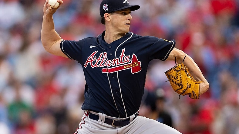 Sep 11, 2023; Philadelphia, Pennsylvania, USA; Atlanta Braves starting pitcher Kyle Wright (30) throws a pitch during the first inning against the Philadelphia Phillies at Citizens Bank Park. Mandatory Credit: Bill Streicher-USA TODAY Sports
