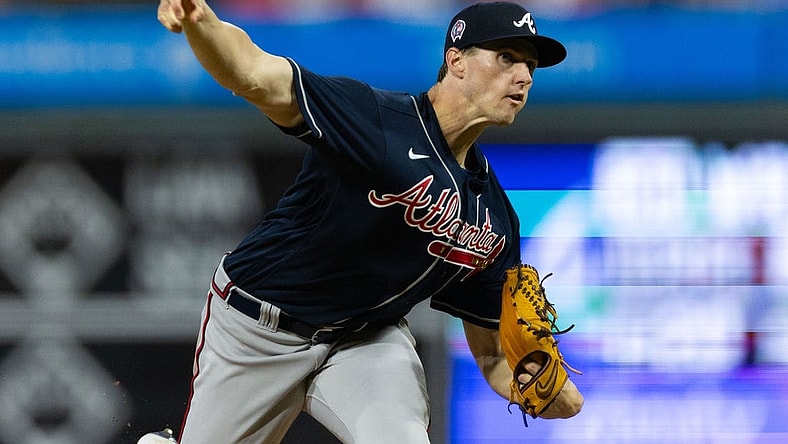 Sep 11, 2023; Philadelphia, Pennsylvania, USA; Atlanta Braves starting pitcher Kyle Wright (30) throws a pitch during the fourth inning against the Philadelphia Phillies at Citizens Bank Park. Mandatory Credit: Bill Streicher-USA TODAY Sports