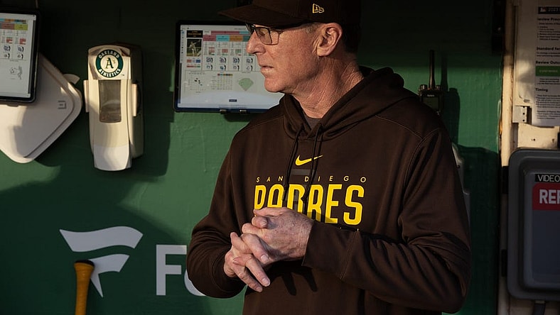 Sep 15, 2023; Oakland, California, USA; San Diego Padres manager Bob Melvin (3) prepares in the dugout before his team takes on the Oakland Athletics at Oakland-Alameda County Coliseum. Mandatory Credit: D. Ross Cameron-USA TODAY Sports