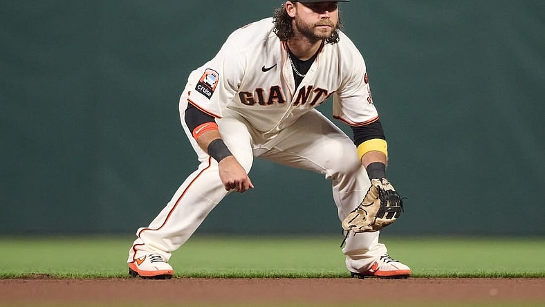 Sep 11, 2023; San Francisco, California, USA; San Francisco Giants shortstop  Brandon Crawford (35) against the Cleveland Guardians during the fourth inning at Oracle Park. Mandatory Credit: Robert Edwards-USA TODAY Sports