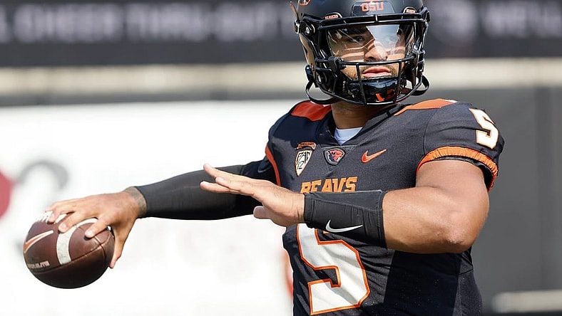 Sep 16, 2023; Corvallis, Oregon, USA; Oregon State Beavers quarterback DJ Uiagalelei (5) warms up before the game against the San Diego State Aztecs at Reser Stadium. Mandatory Credit: Soobum Im-USA TODAY Sports