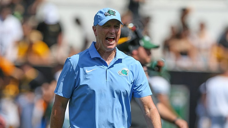 Sep 16, 2023; Hattiesburg, Mississippi, USA; Tulane Green Wave coach Willie Fritz yells to his players before their game against the Southern Miss Golden Eagles at M.M. Roberts Stadium. Mandatory Credit: Chuck Cook-USA TODAY Sports