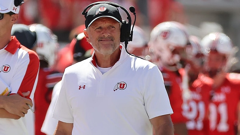 Sep 16, 2023; Salt Lake City, Utah, USA; Utah Utes head coach Kyle Whittingham looks on in the first half against the Weber State Wildcats at Rice-Eccles Stadium. Mandatory Credit: Rob Gray-USA TODAY Sports