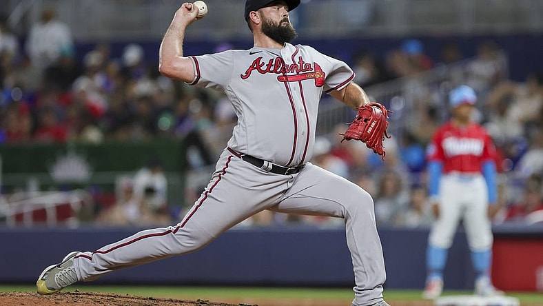 Sep 16, 2023; Miami, Florida, USA; Atlanta Braves relief pitcher Jackson Stephens (53) delivers a pitch against the Miami Marlins during the fifth inning at loanDepot Park. Mandatory Credit: Sam Navarro-USA TODAY Sports