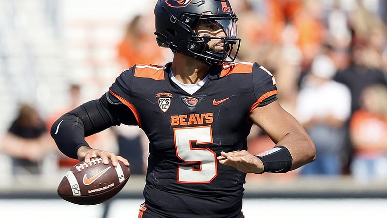 Sep 16, 2023; Corvallis, Oregon, USA; Oregon State Beavers quarterback DJ Uiagalelei (5) looks to throw during the second half against the San Diego State Aztecs at Reser Stadium. Mandatory Credit: Soobum Im-USA TODAY Sports