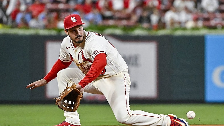 Sep 16, 2023; St. Louis, Missouri, USA;  St. Louis Cardinals third baseman Nolan Arenado (28) fields a ground ball against the Philadelphia Phillies during the fifth inning at Busch Stadium. Mandatory Credit: Jeff Curry-USA TODAY Sports