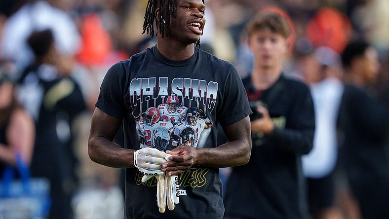 Sep 16, 2023; Boulder, Colorado, USA; Colorado Buffaloes cornerback Travis Hunter (12) warms up prior to the game against the Colorado State Rams at Folsom Field. Mandatory Credit: Andrew Wevers-USA TODAY Sports