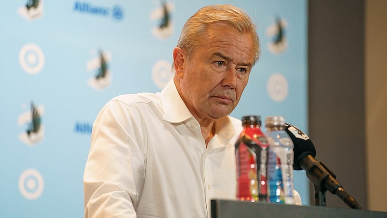 Sep 16, 2023; Saint Paul, Minnesota, USA; Minnesota United head coach Adrian Heath speaks to media following a loss to Sporting Kansas City at Allianz Field. Mandatory Credit: Matt Blewett-USA TODAY Sports