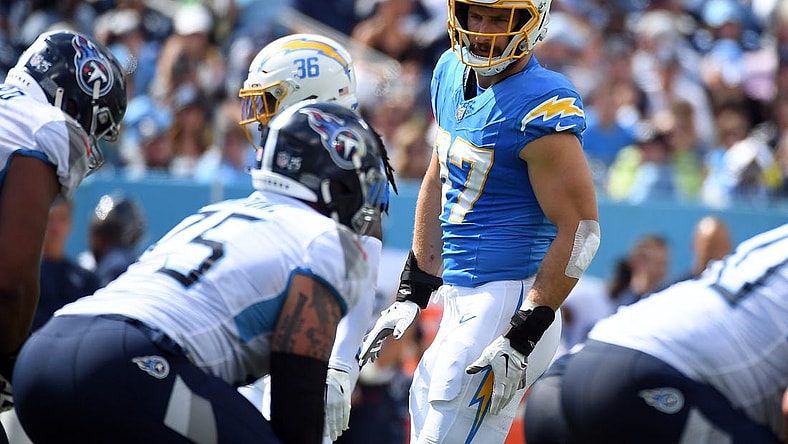 Sep 17, 2023; Nashville, Tennessee, USA; Los Angeles Chargers linebacker Joey Bosa (97) lines up before the snap during the second half against the Tennessee Titans at Nissan Stadium. Mandatory Credit: Christopher Hanewinckel-USA TODAY Sports