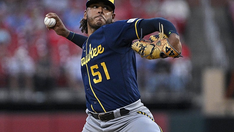 Sep 18, 2023; St. Louis, Missouri, USA;  Milwaukee Brewers starting pitcher Freddy Peralta (51) pitches against the St. Louis Cardinals during the first inning at Busch Stadium. Mandatory Credit: Jeff Curry-USA TODAY Sports
