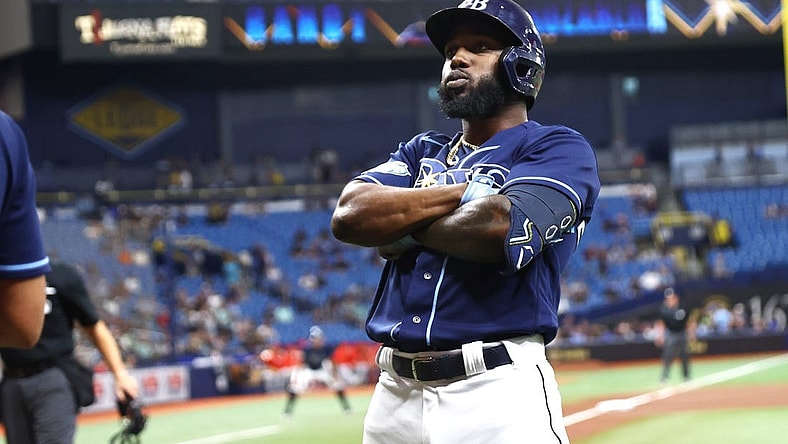 Sep 19, 2023; St. Petersburg, Florida, USA;  Tampa Bay Rays left fielder Randy Arozarena (56) celebrates after hitting a two-run home run against the Los Angeles Angels during the first inning at Tropicana Field. Mandatory Credit: Kim Klement Neitzel-USA TODAY Sports