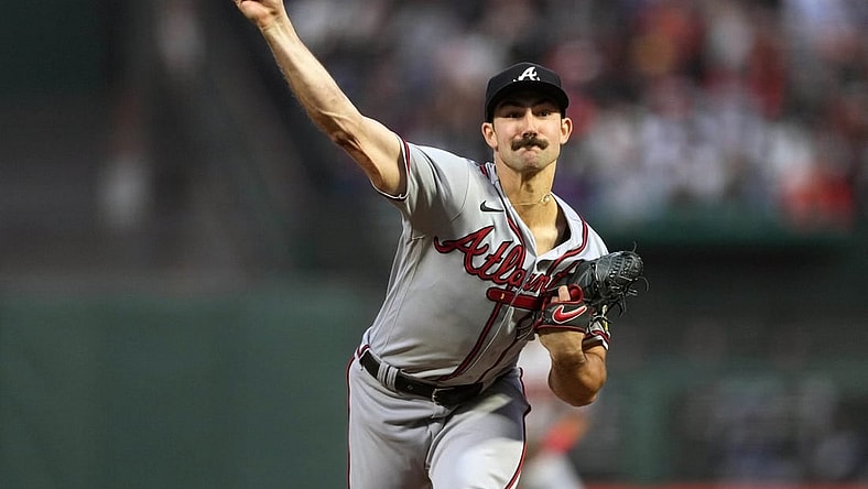 Aug 25, 2023; San Francisco, California, USA; Atlanta Braves starting pitcher Spencer Strider (99) throws a pitch against the San Francisco Giants during the third inning at Oracle Park. Mandatory Credit: Darren Yamashita-USA TODAY Sports