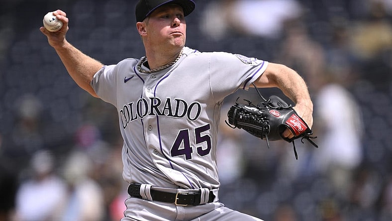 Sep 20, 2023; San Diego, California, USA; Colorado Rockies starting pitcher Chase Anderson (45) throws a pitch against the San Diego Padres during the first inning at Petco Park. Mandatory Credit: Orlando Ramirez-USA TODAY Sports