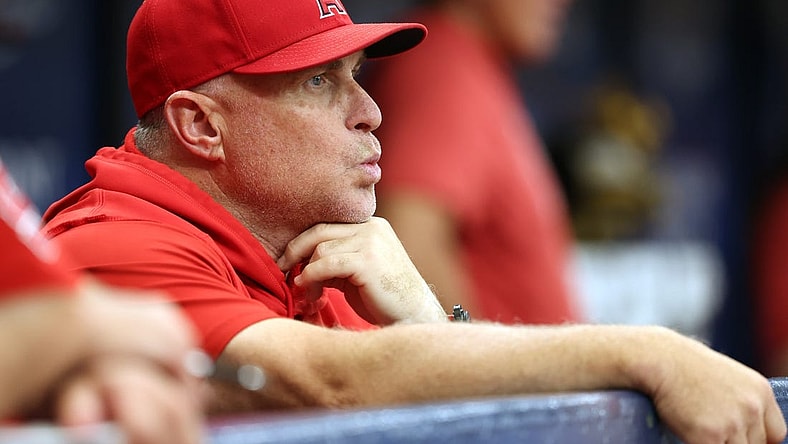 Sep 21, 2023; St. Petersburg, Florida, USA; Los Angeles Angels manager Phil Nevin looks on against the Tampa Bay Rays during the ninth inning at Tropicana Field. Mandatory Credit: Kim Klement Neitzel-USA TODAY Sports