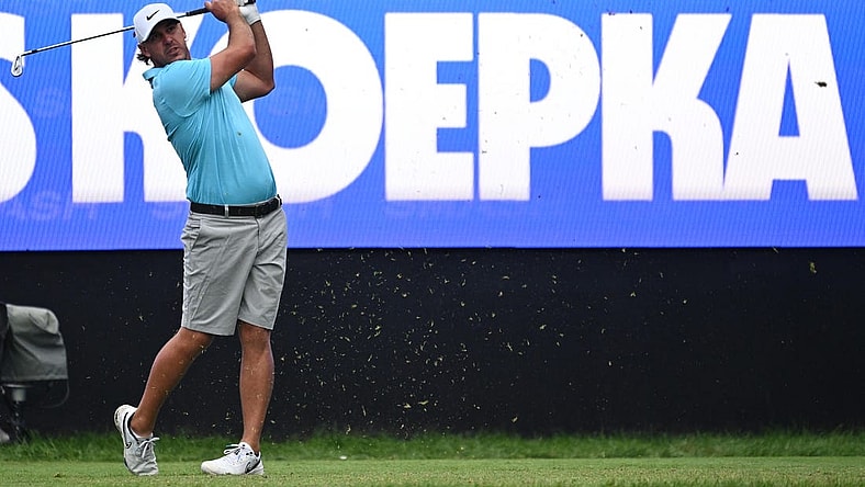 Sep 22, 2023; Sugar Grove, Illinois, USA; Brooks Koepka tees off from the 17th tee during the first round of the LIV Golf Chicago golf tournament at Rich Harvest Farms. Mandatory Credit: Jamie Sabau-USA TODAY Sports
