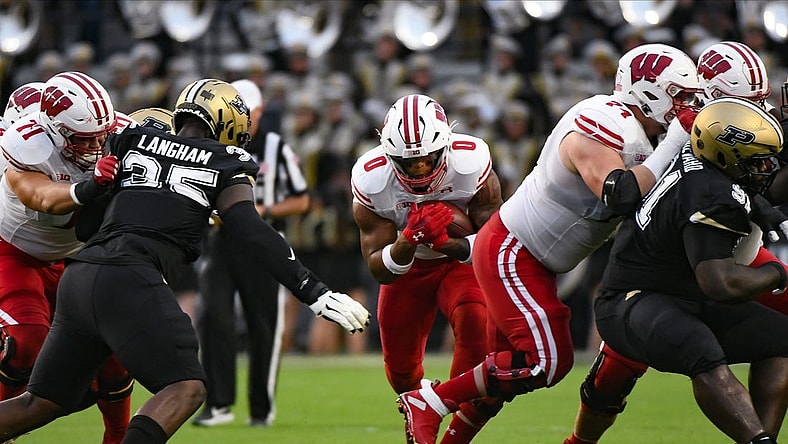 Sep 22, 2023; West Lafayette, Indiana, USA; Wisconsin Badgers running back Braelon Allen (0) runs the ball during the first half at Ross-Ade Stadium. Mandatory Credit: Robert Goddin-USA TODAY Sports