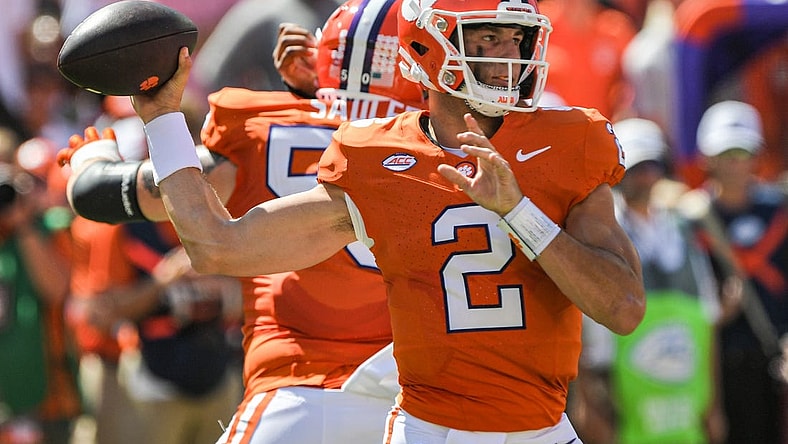 Sep 23, 2023; Clemson, South Carolina, USA; Clemson Tigers quarterback Cade Klubnik (2) throws a pass against the Florida State Seminoles during the first quarter at Memorial Stadium. Mandatory Credit: Ken Ruinard-USA TODAY Sports