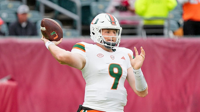 Sep 23, 2023; Philadelphia, Pennsylvania, USA; Miami Hurricanes quarterback Tyler Van Dyke (9) warms up prior to the game against the Temple Owls at Lincoln Financial Field. Mandatory Credit: Andy Lewis-USA TODAY Sports