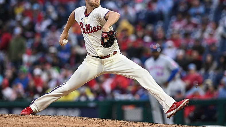 Sep 23, 2023; Philadelphia, Pennsylvania, USA;  Philadelphia Phillies starting pitcher Zack Wheeler (45) pitches in the seventh inning against the New York Mets at Citizens Bank Park. Philadelphia won 7-5. Mandatory Credit: John Geliebter-USA TODAY Sports