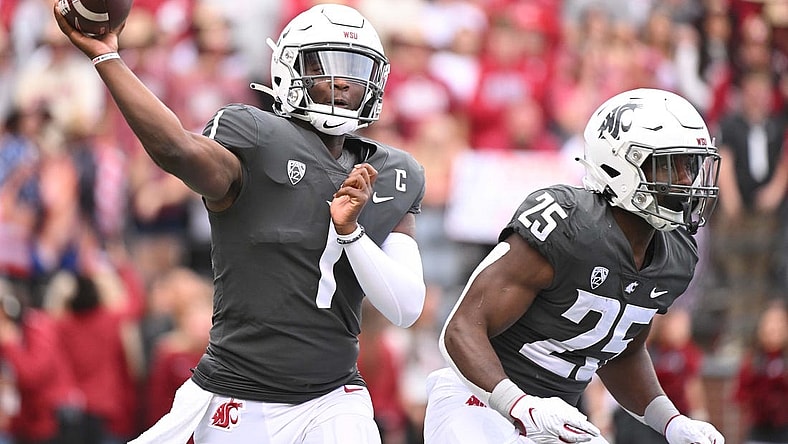 Sep 23, 2023; Pullman, Washington, USA; Washington State Cougars quarterback Cameron Ward (1) throws a pass against the Oregon State Beavers in the first half at Gesa Field at Martin Stadium. Mandatory Credit: James Snook-USA TODAY Sports