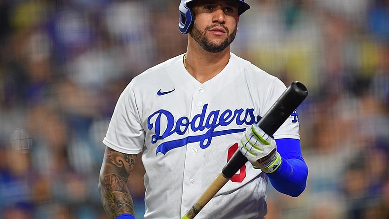 Sep 23, 2023; Los Angeles, California, USA; Los Angeles Dodgers left fielder David Peralta (6) waits on deck before hitting against the San Francisco Giants during the fourth inning at Dodger Stadium. Mandatory Credit: Gary A. Vasquez-USA TODAY Sports