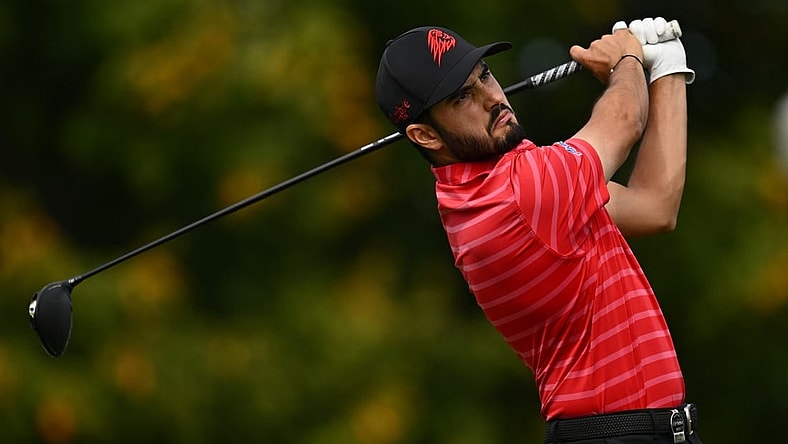 Sep 24, 2023; Sugar Grove, Illinois, USA; Abraham Ancer tees off from the 2nd tee during the final round of the LIV Golf Chicago golf tournament at Rich Harvest Farms. Mandatory Credit: Jamie Sabau-USA TODAY Sports