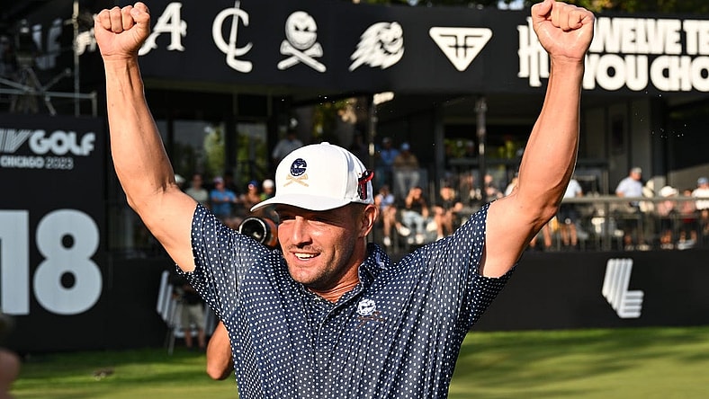 Sep 24, 2023; Sugar Grove, Illinois, USA; Bryson DeChambeau is celebrates after winning the LIV Golf Chicago golf tournament at Rich Harvest Farms. Mandatory Credit: Jamie Sabau-USA TODAY Sports