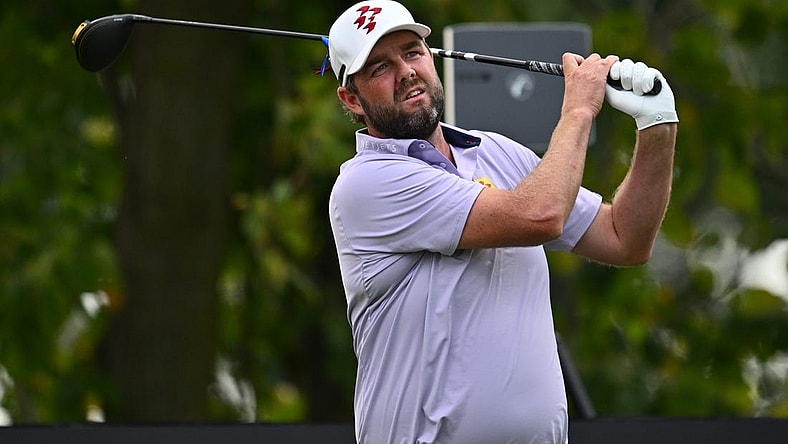Sep 24, 2023; Sugar Grove, Illinois, USA; Marc Leishman tees off from the 11th tee during the final round of the LIV Golf Chicago golf tournament at Rich Harvest Farms. Mandatory Credit: Jamie Sabau-USA TODAY Sports
