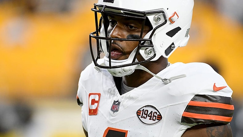 Sep 18, 2023; Pittsburgh, Pennsylvania, USA;  Cleveland Browns quarterback Deshaun Watson (4) prepares for a game against the Pittsburgh Steelers at Acrisure Stadium. Mandatory Credit: Philip G. Pavely-USA TODAY Sports
