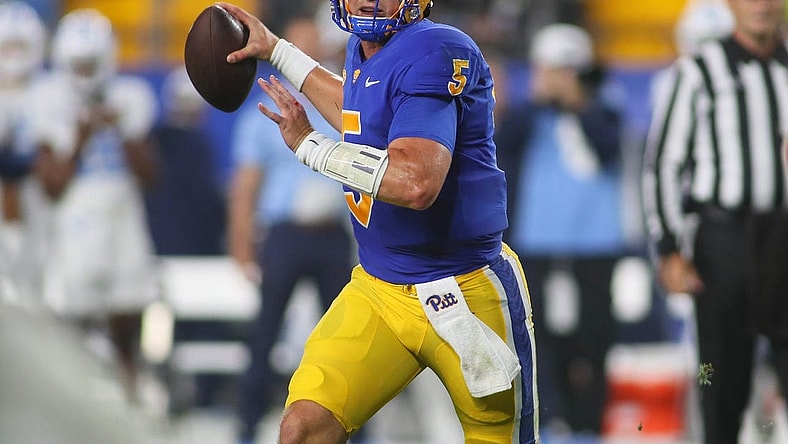 Pittsburgh Panthers Phil Jurkovec prepares to fire the ball downfield while looking for an open receiver during the first half against the North Carolina Tar Heels at Acrisure Stadium in Pittsburgh, PA on September 23, 2023.